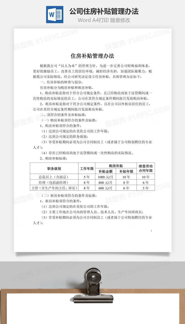 公司住房补贴管理办法Word文档