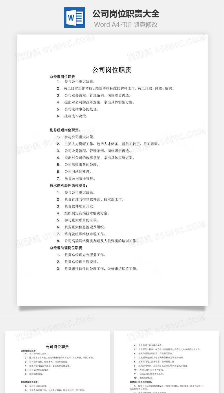 公司岗位职责大全Word文档