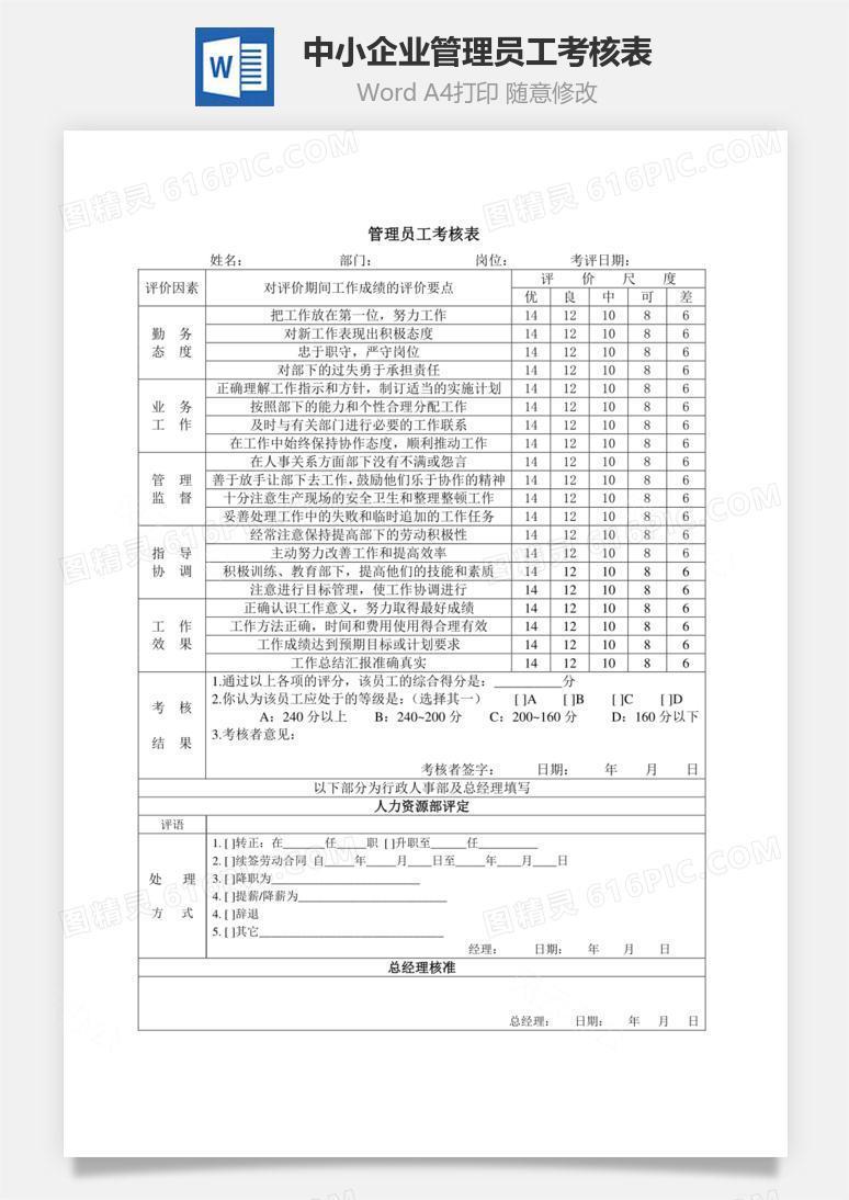 中小企业管理员工考核表