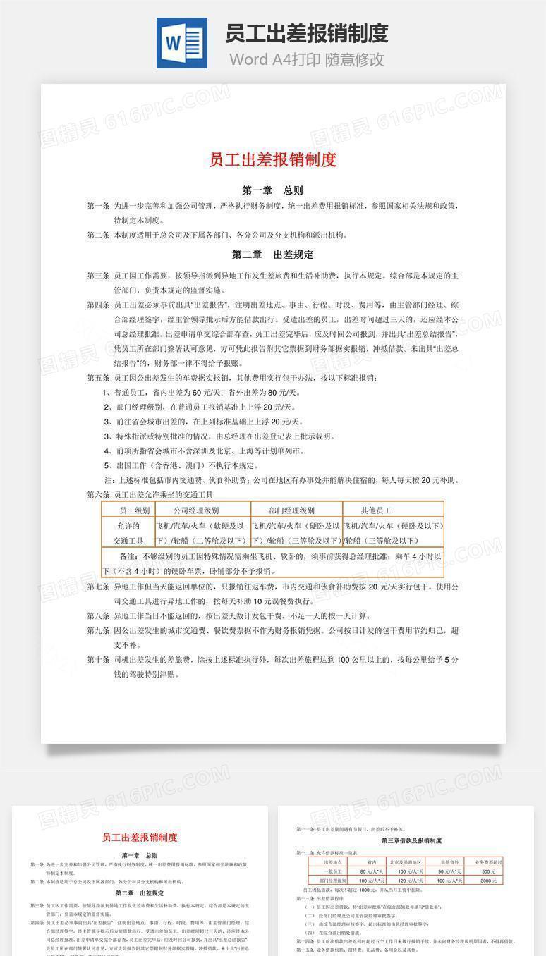 员工出差报销制度Word文档