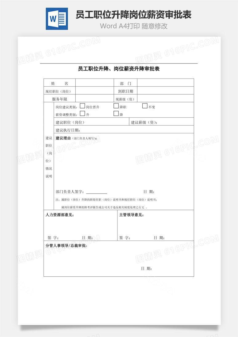 员工职位升降岗位薪资审批表Word文档