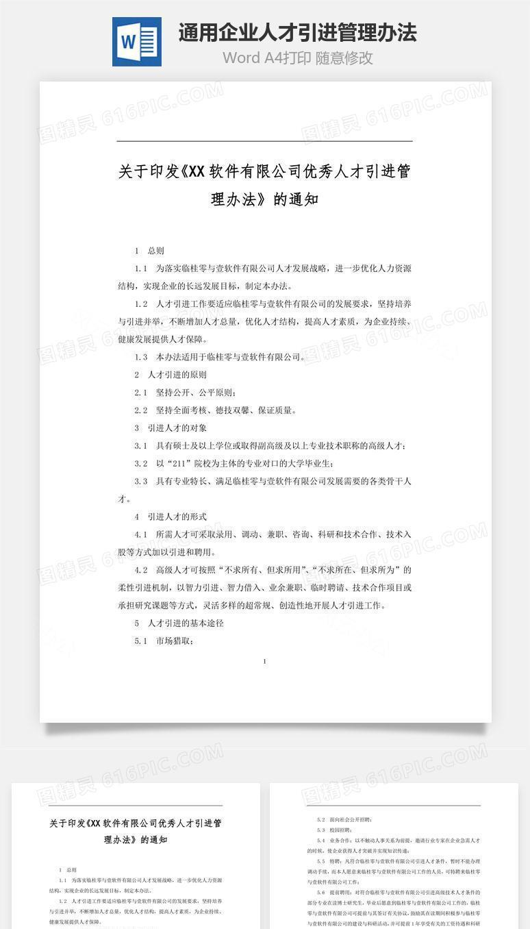通用企业人才引进管理办法Word文档