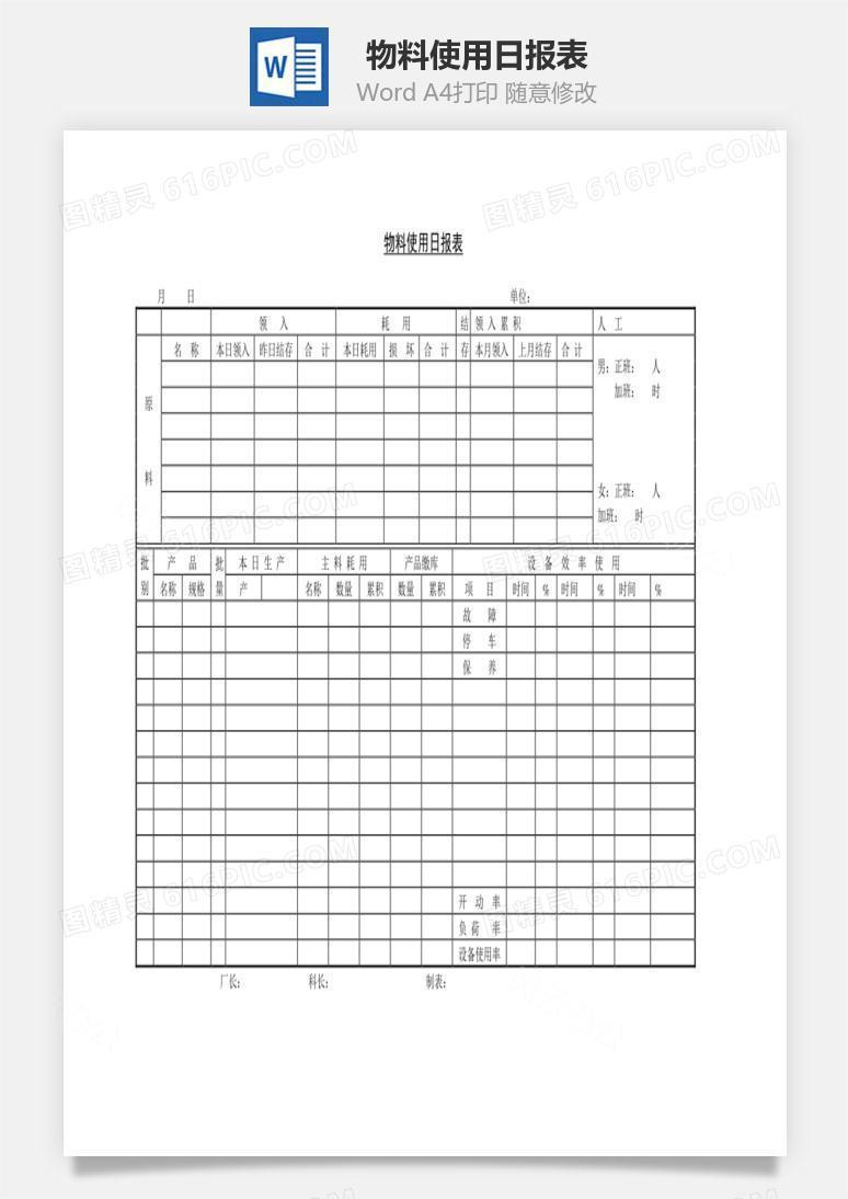 物料使用日报表Word文档