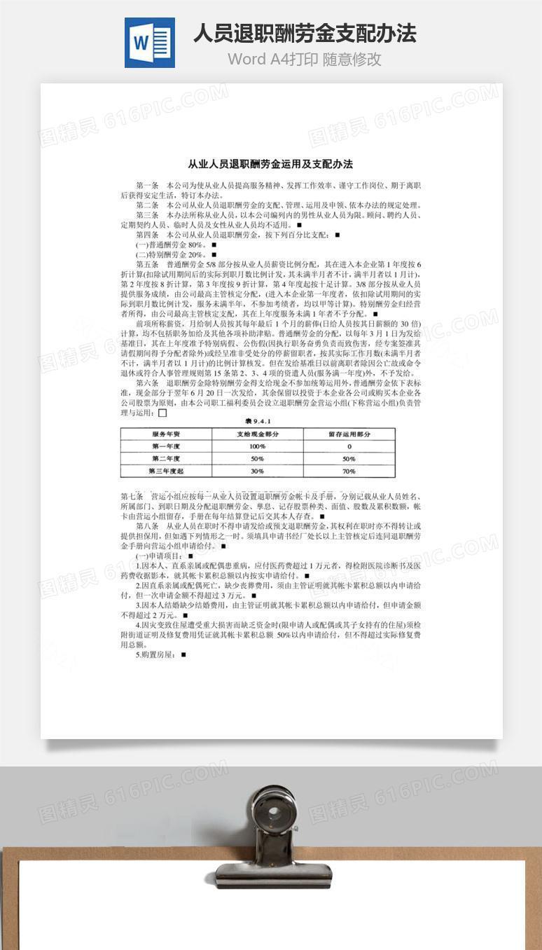 从业人员退职酬劳金支配办法Word文档