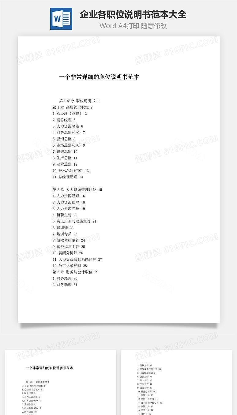 企业各职位说明书范本大全Word文档