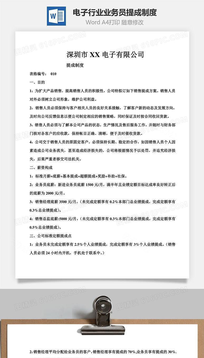 电子行业业务员提成制度Word文档