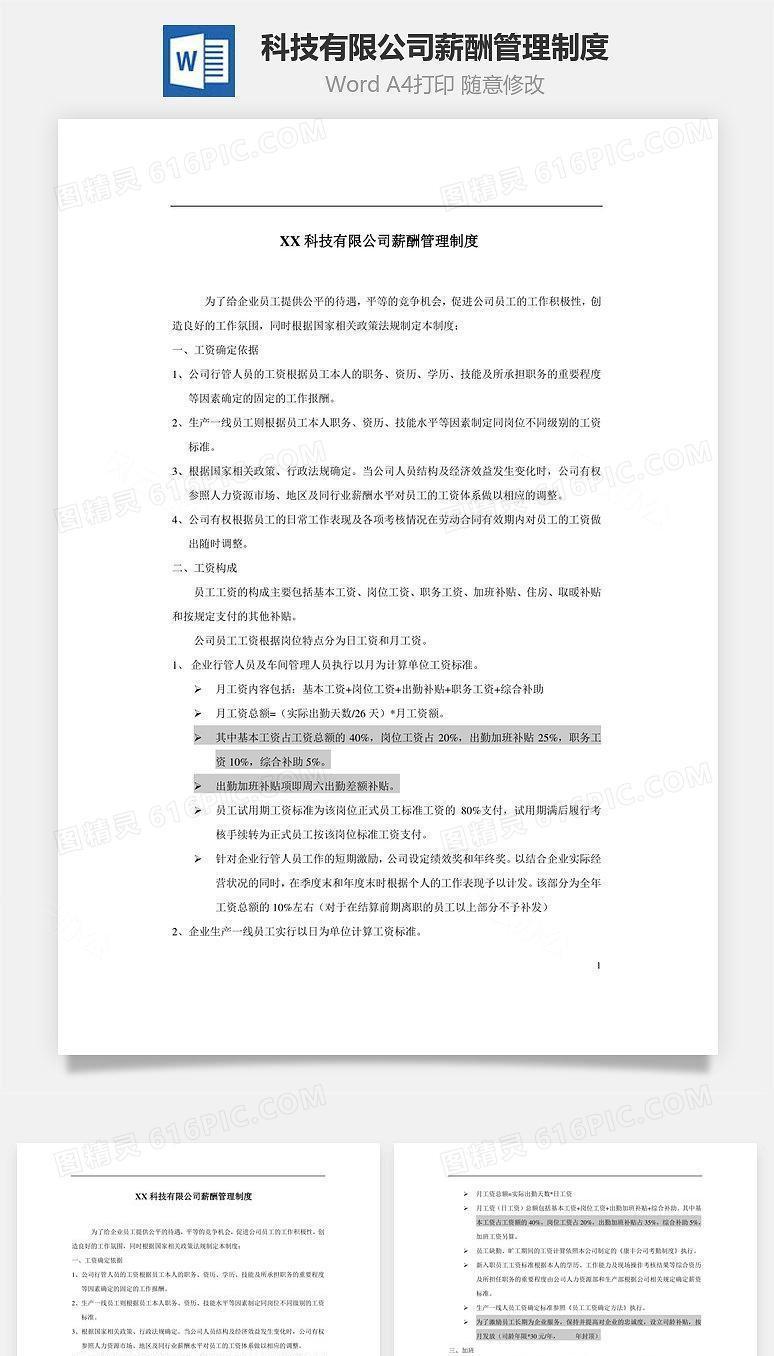 科技有限公司薪酬管理制度Word文档