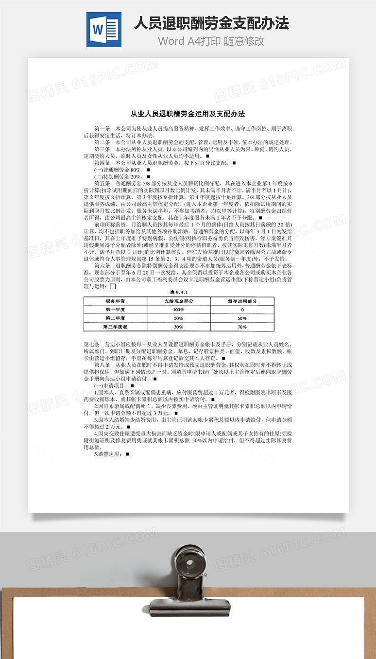 从业人员退职酬劳金支配办法Word文档
