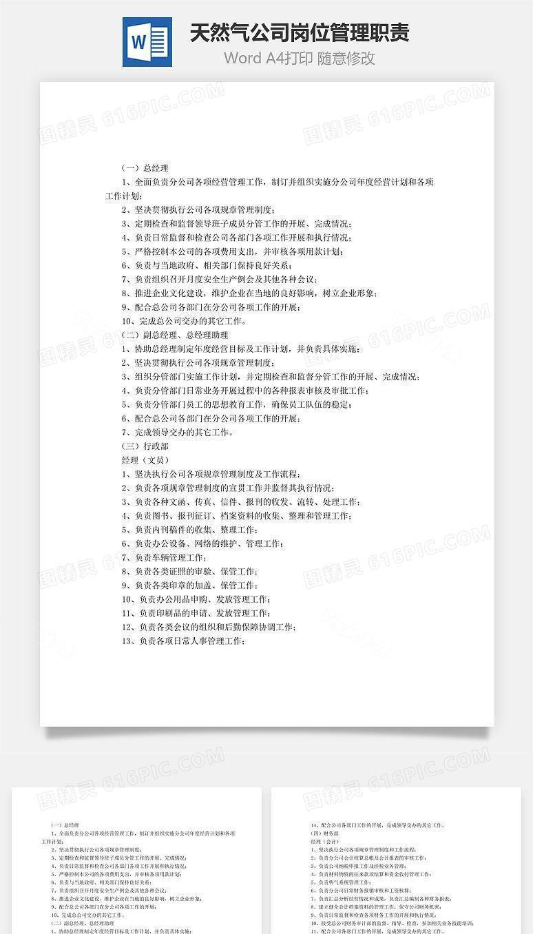 天然气公司岗位管理职责Word文档