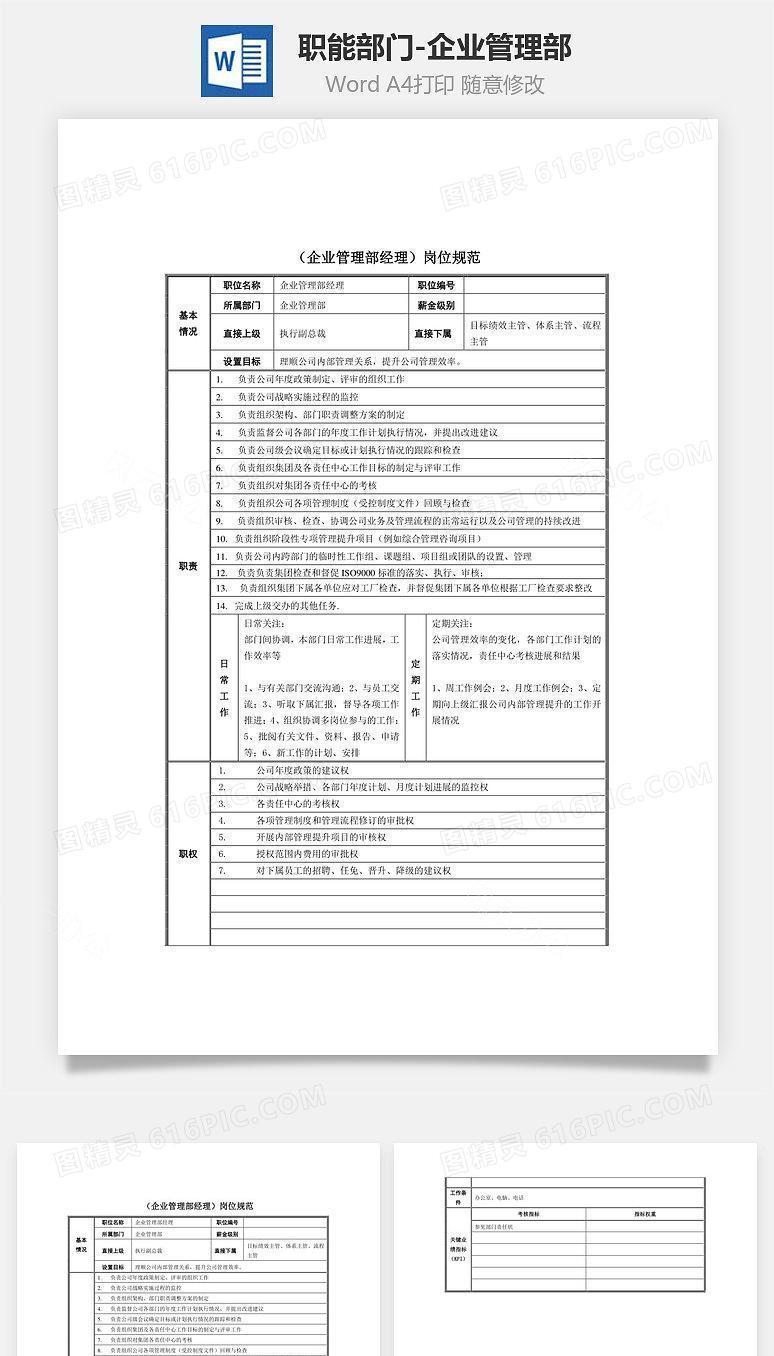 职能部门-企业管理部Word文档