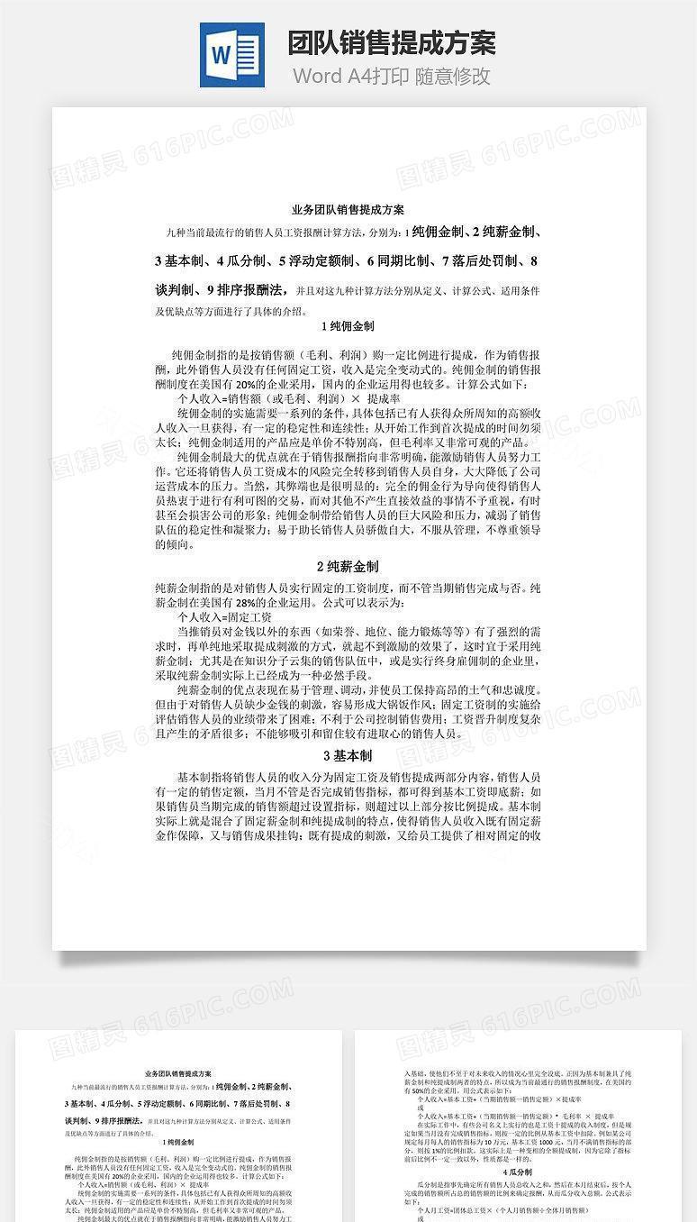 团队销售提成方案Word文档