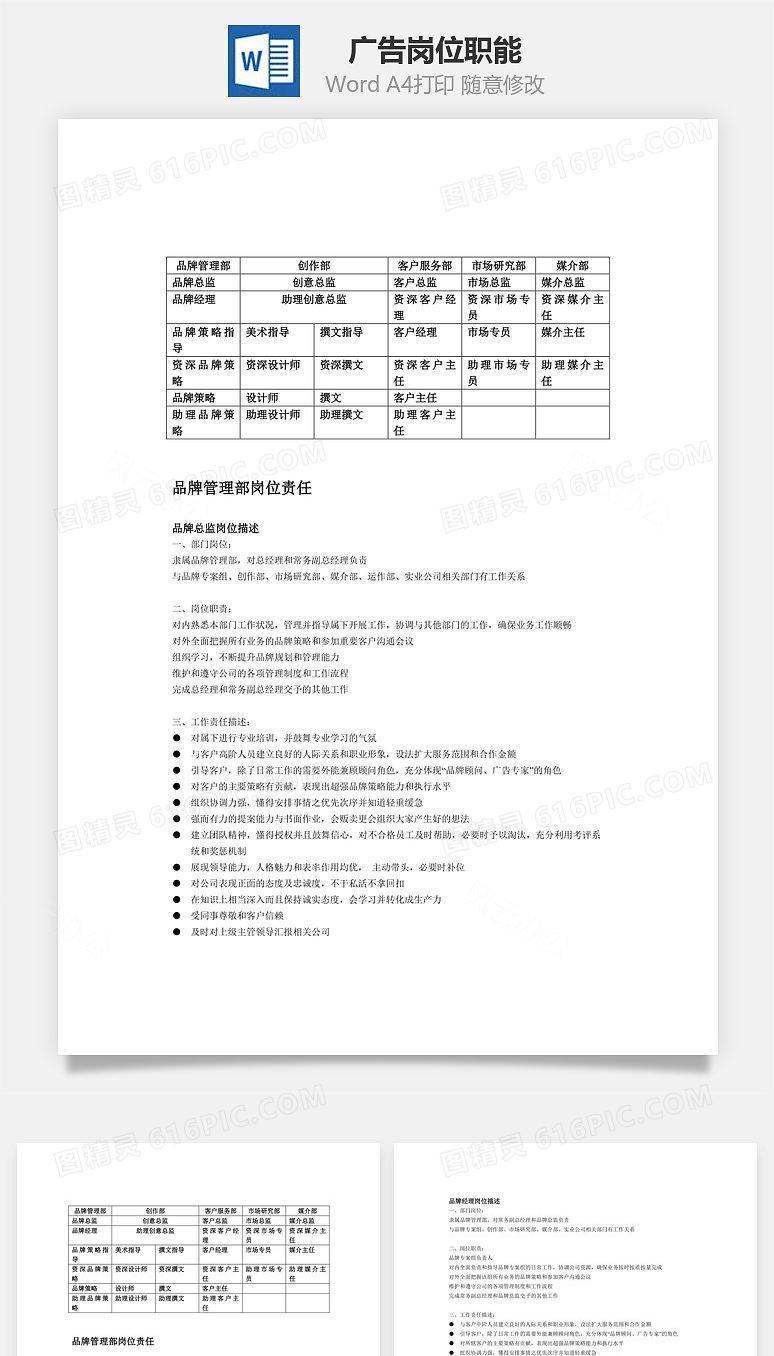 广告岗位职能Word文档