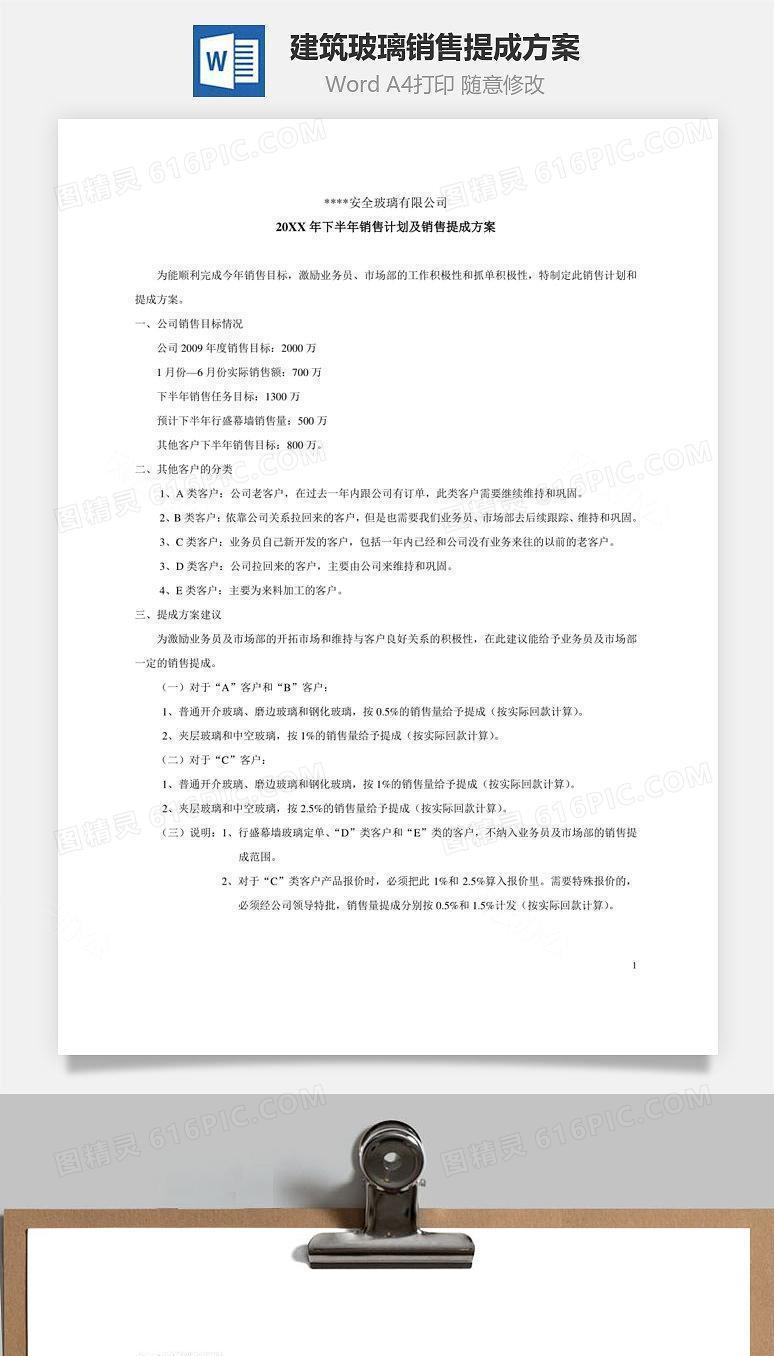 建筑玻璃销售提成方案Word文档
