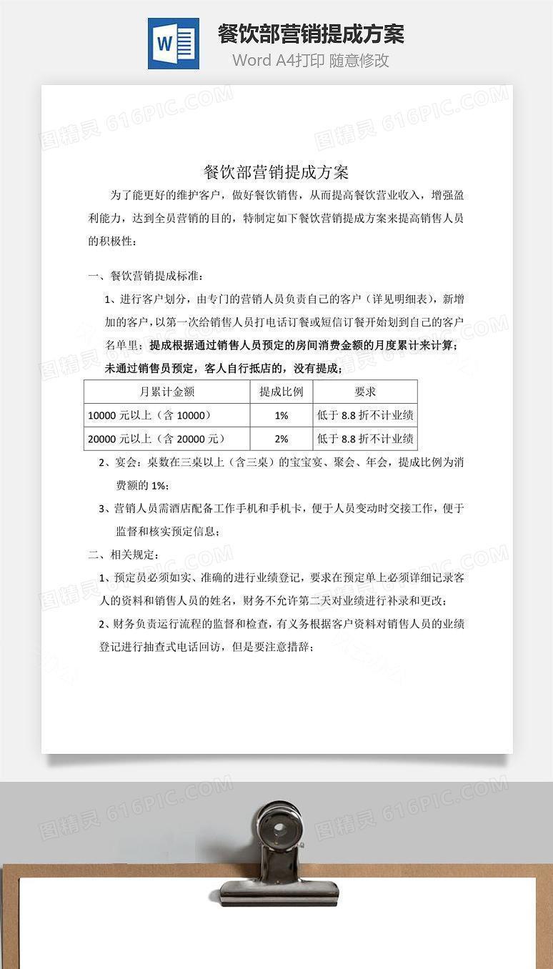 餐饮部营销提成方案Word文档
