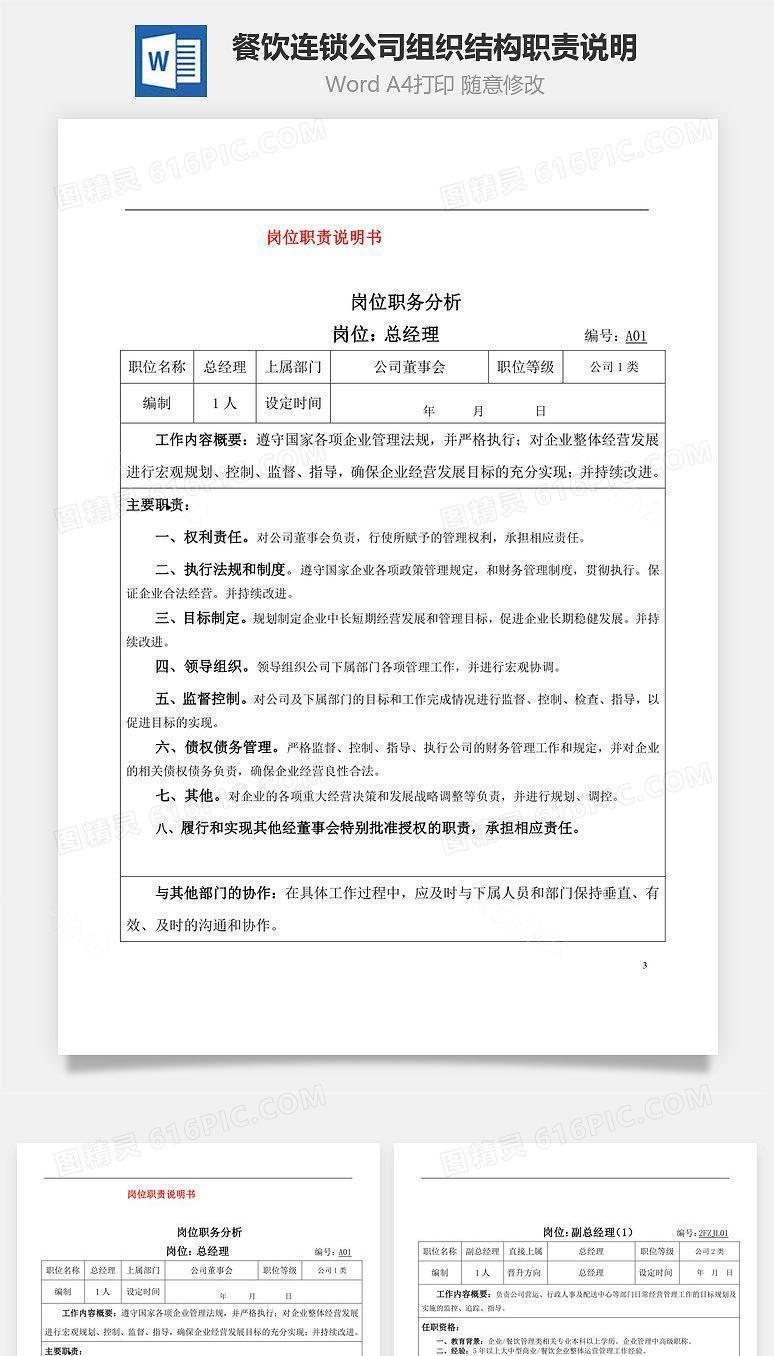 餐饮连锁公司组织结构职责说明Word文档