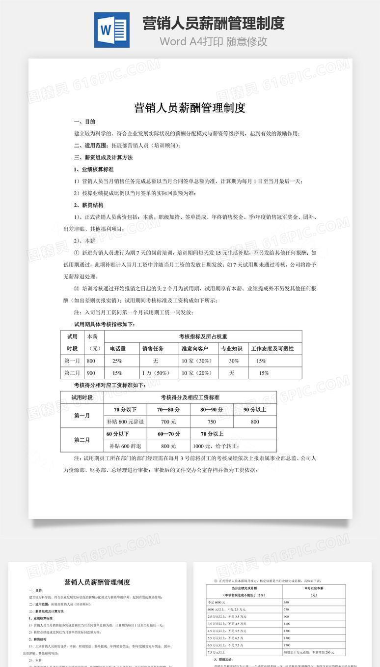 营销人员薪酬管理制度word文档