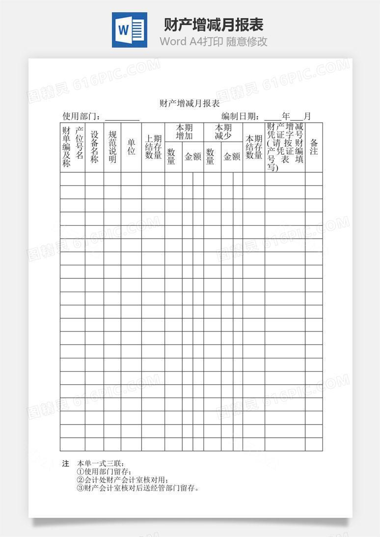 财产增减月报表Word文档