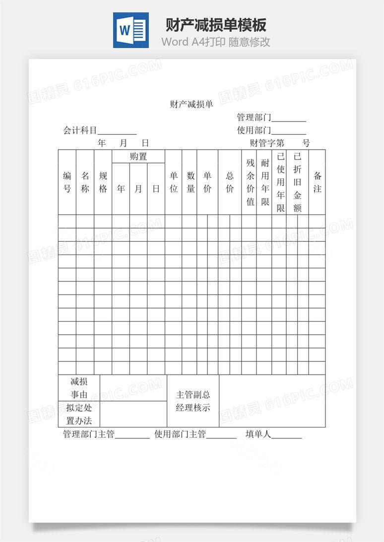 财产减损单Word文档