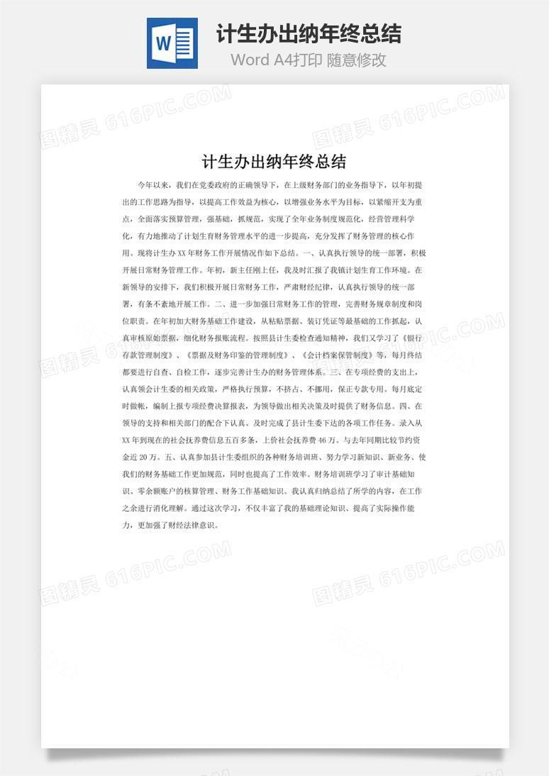 计生办出纳年终总结word文档