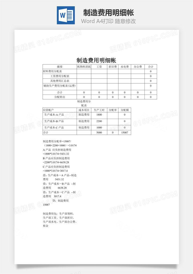 制造费用明细帐word文档