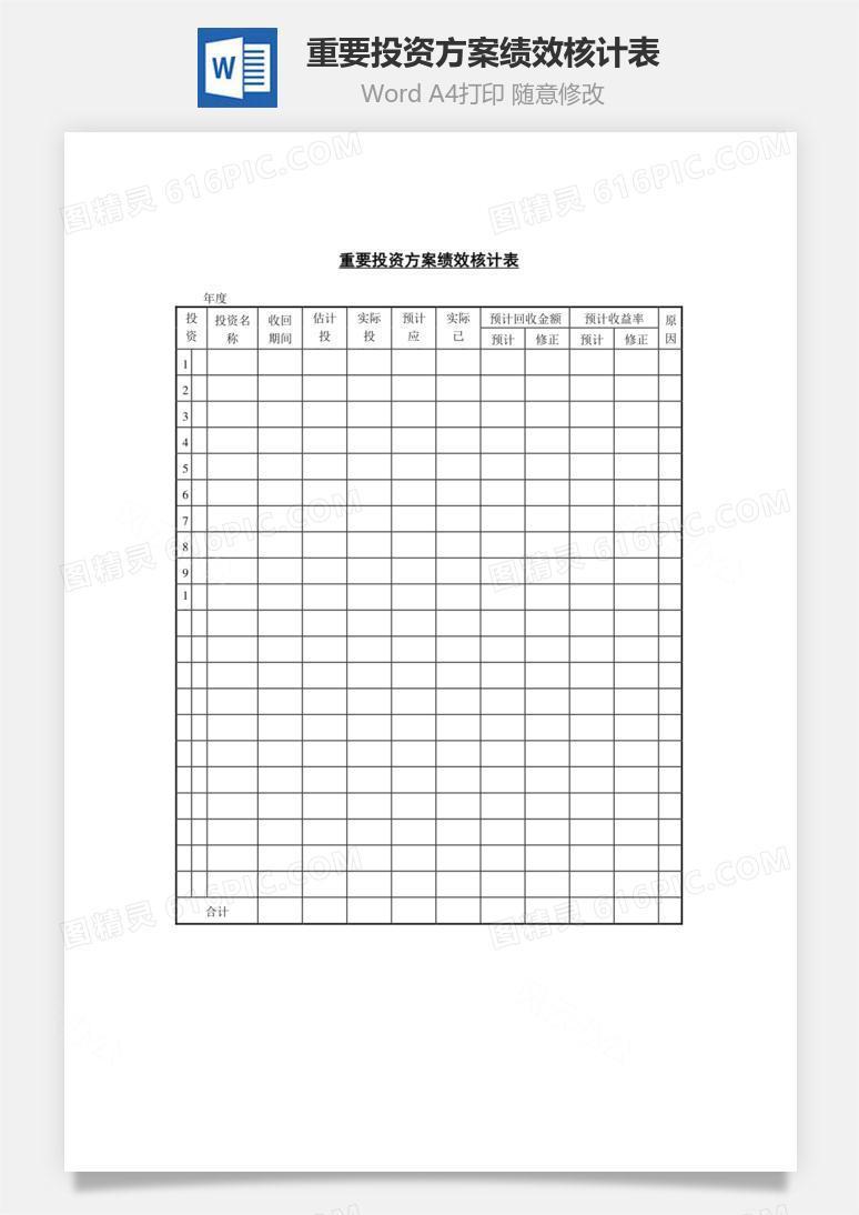 重要投资方案绩效核计表Word文档