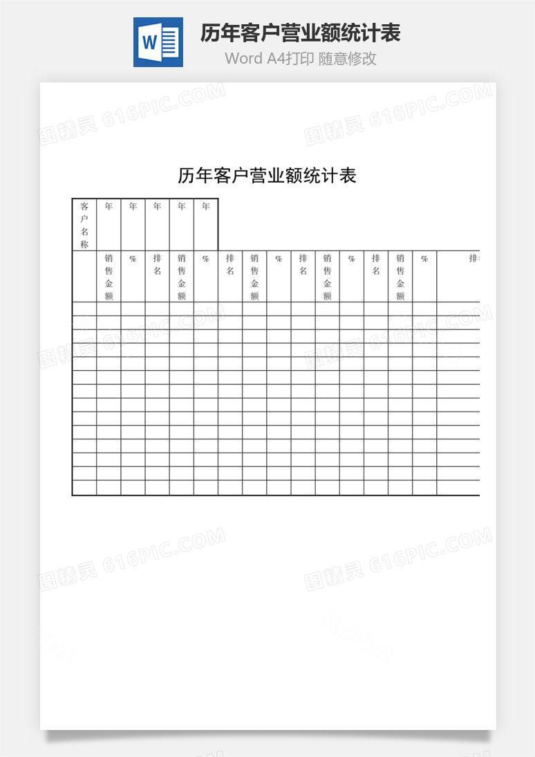 历年客户营业额统计表word文档