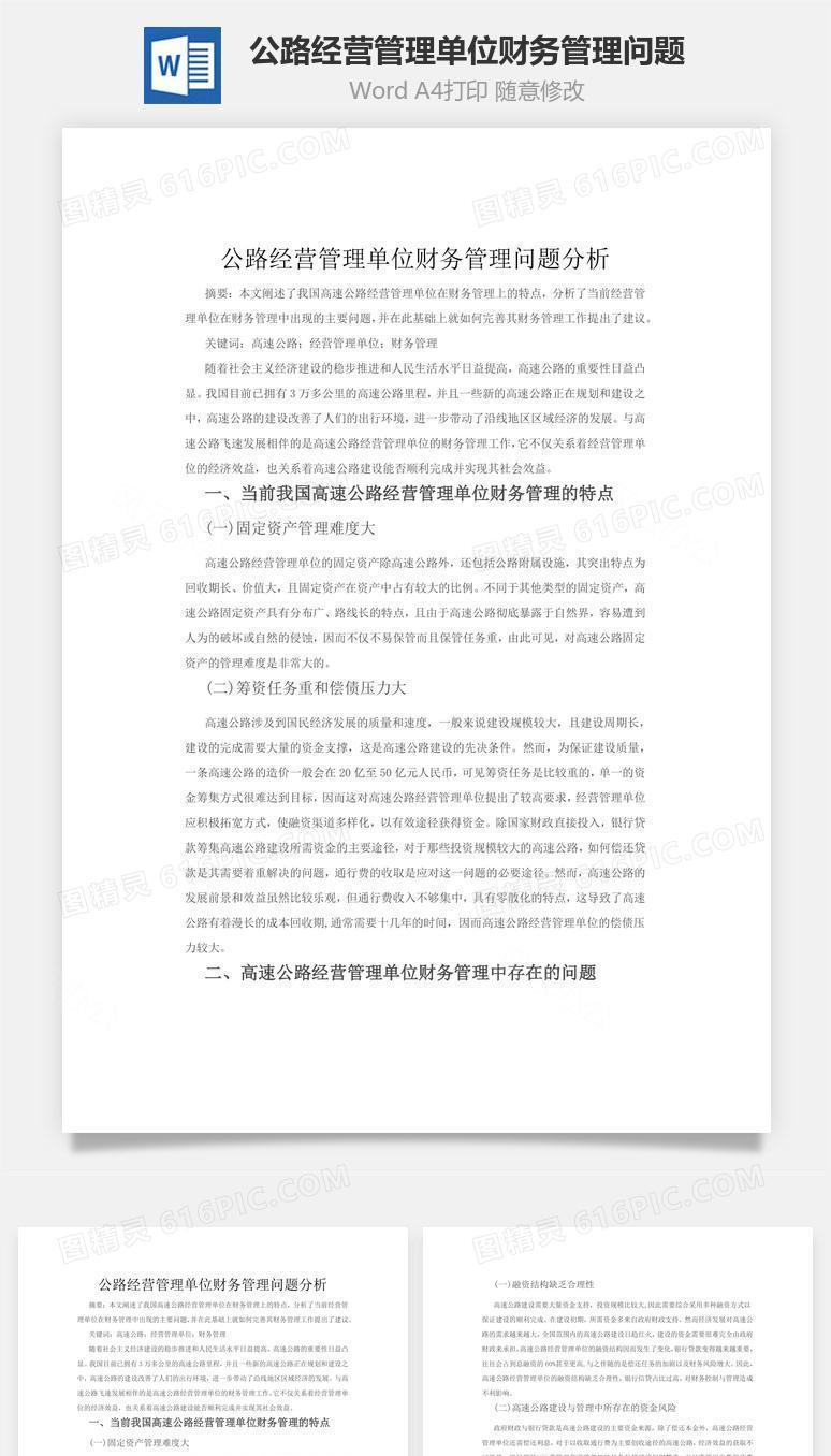 公路经营管理单位财务管理问题word文档