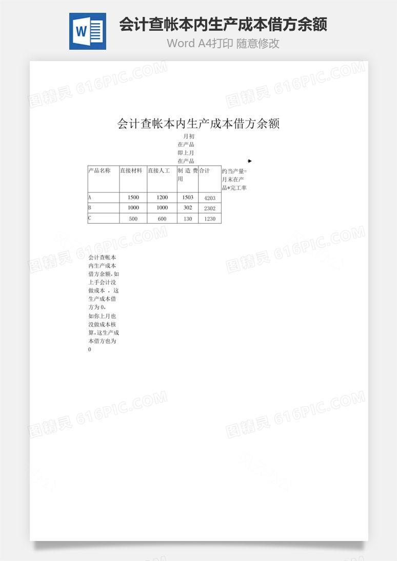 会计查帐本内生产成本借方余额word文档