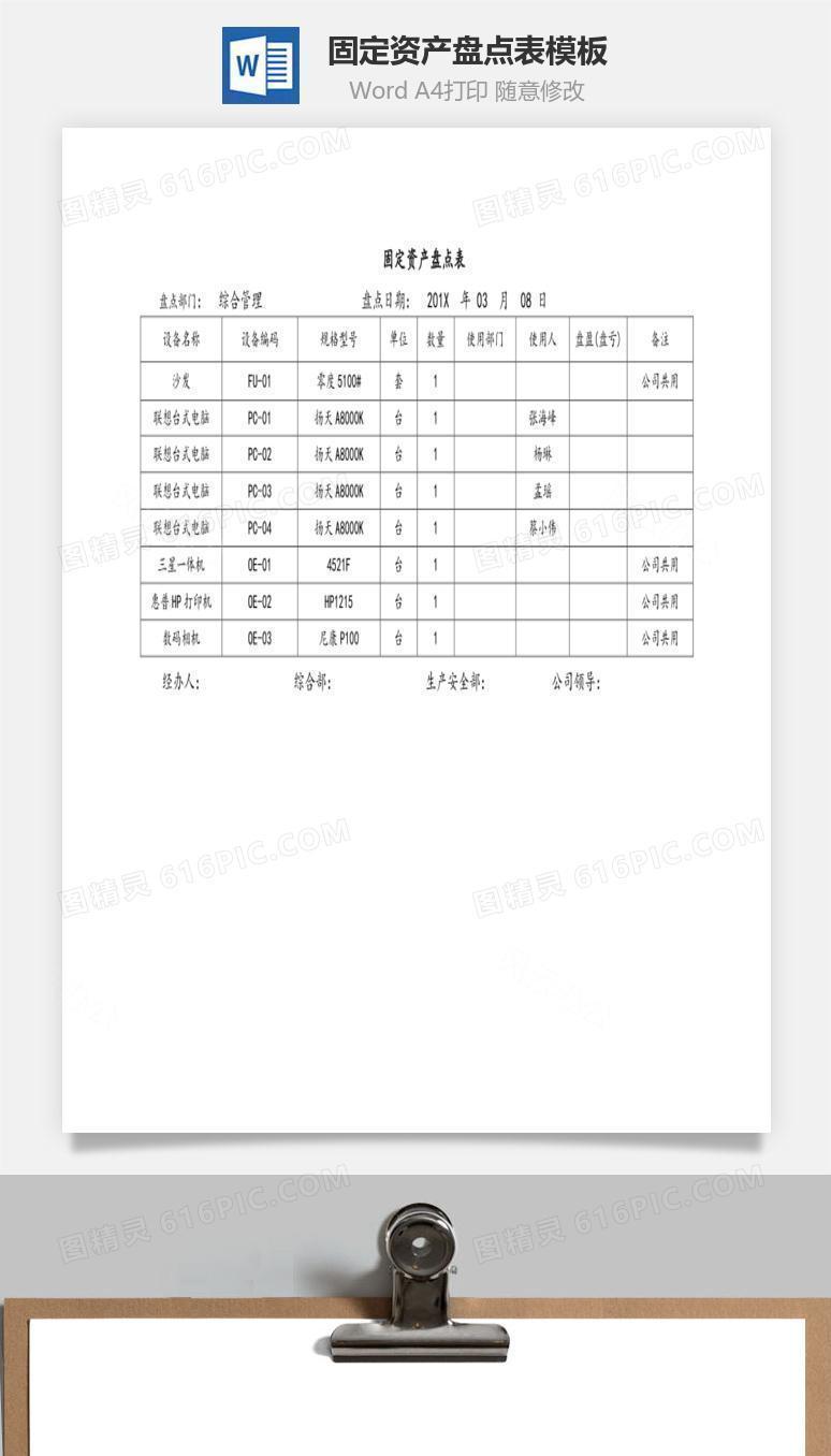 固定资产盘点表模板Word文档