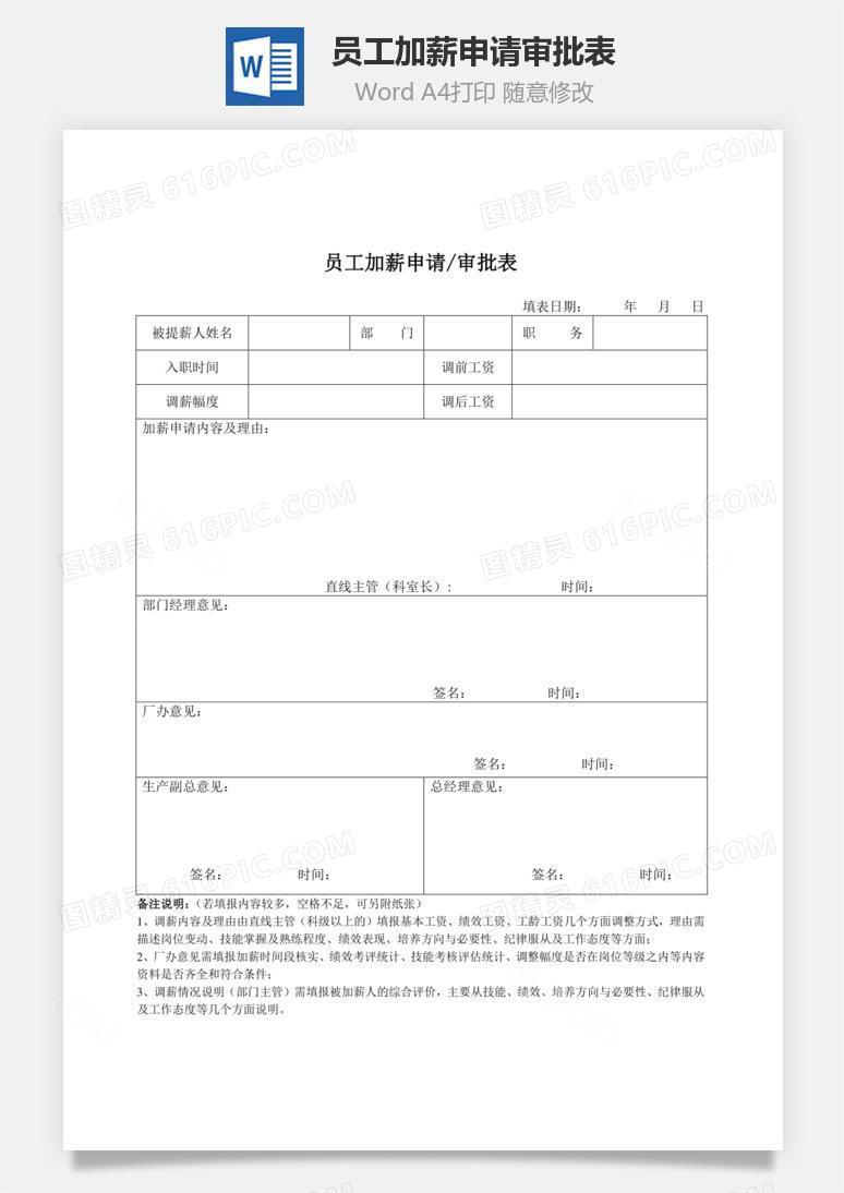 人事管理员工加薪申请审批表Word文档