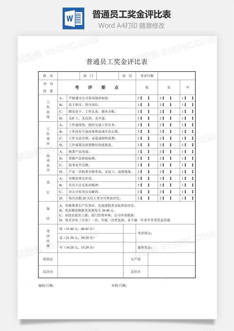 普通员工奖金评比表word文档