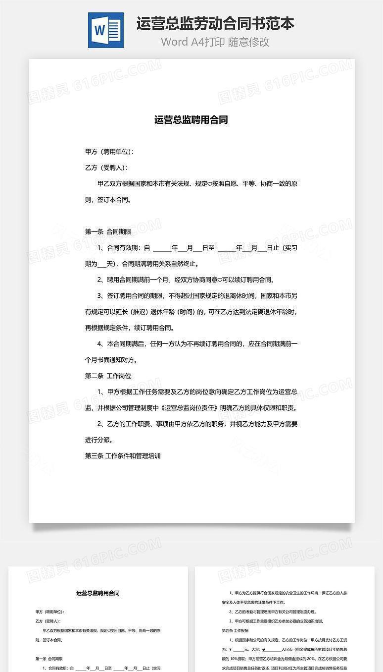 劳动合同书范本（运营总监）
