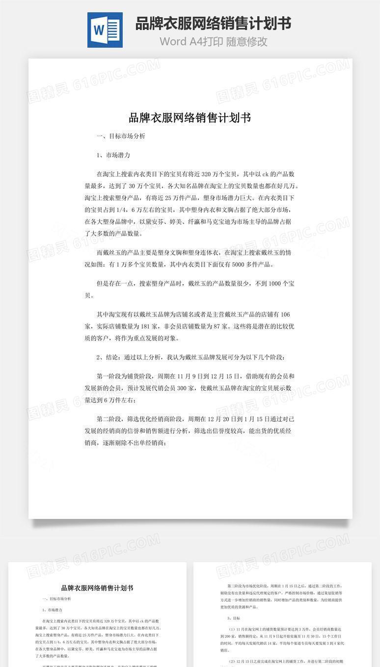 品牌衣服网络销售计划书word文档