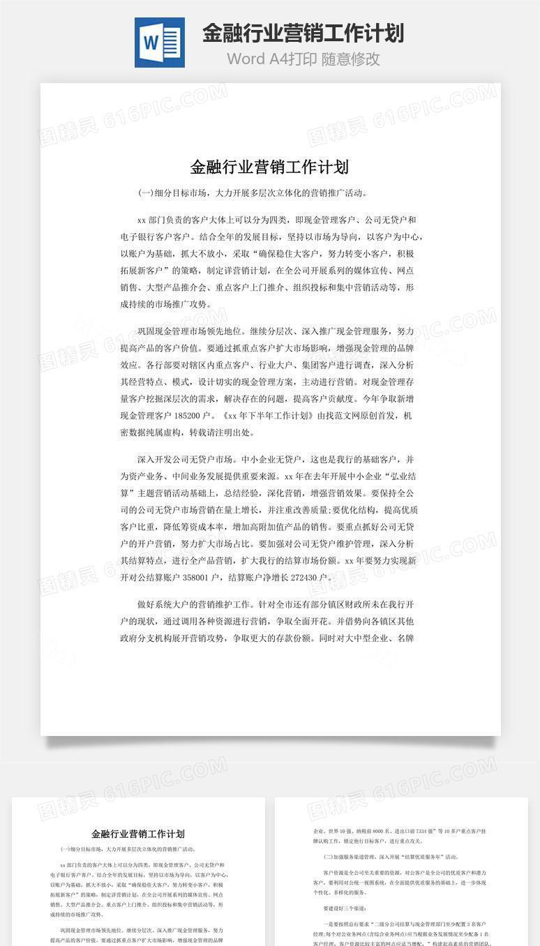 金融行业营销工作计划word文档