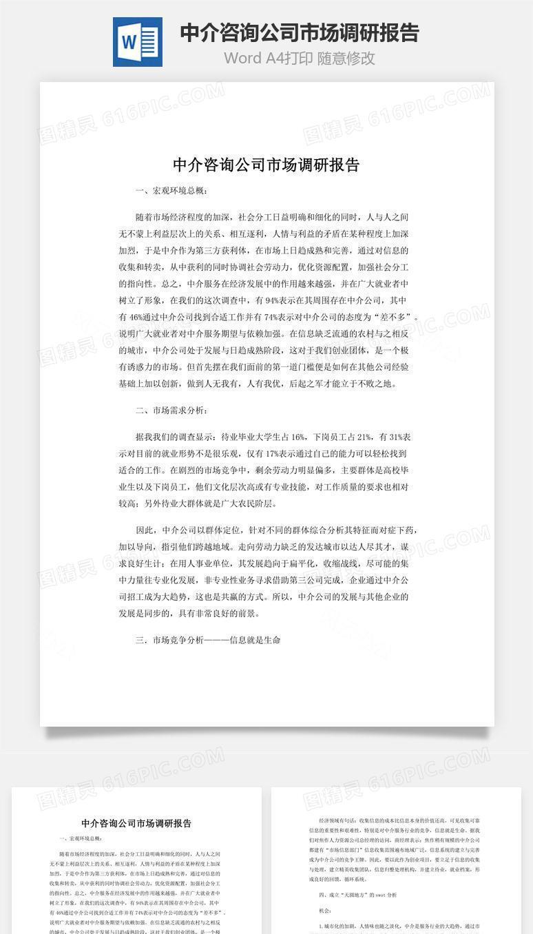 中介咨询公司市场调研报告word文档