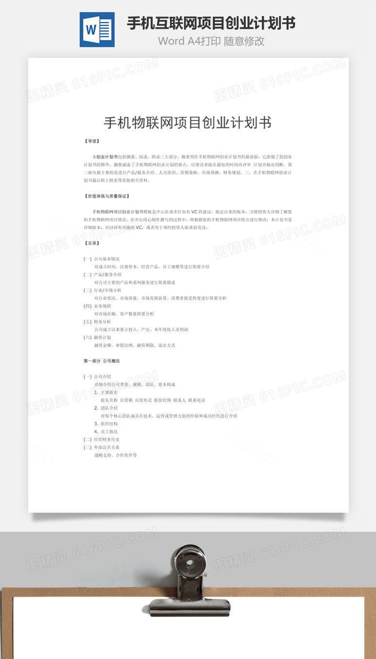 手机互联网项目创业计划书word文档