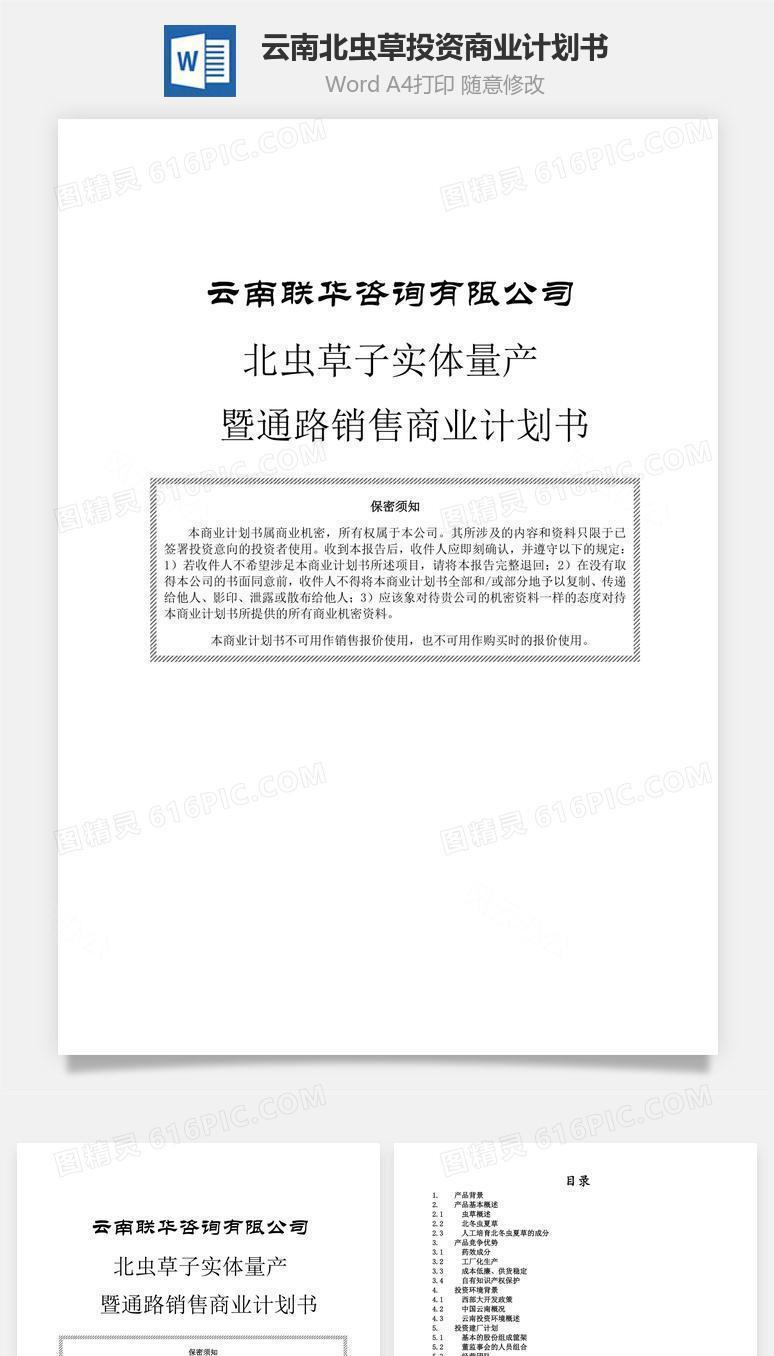 云南北虫草投资商业计划书word文档
