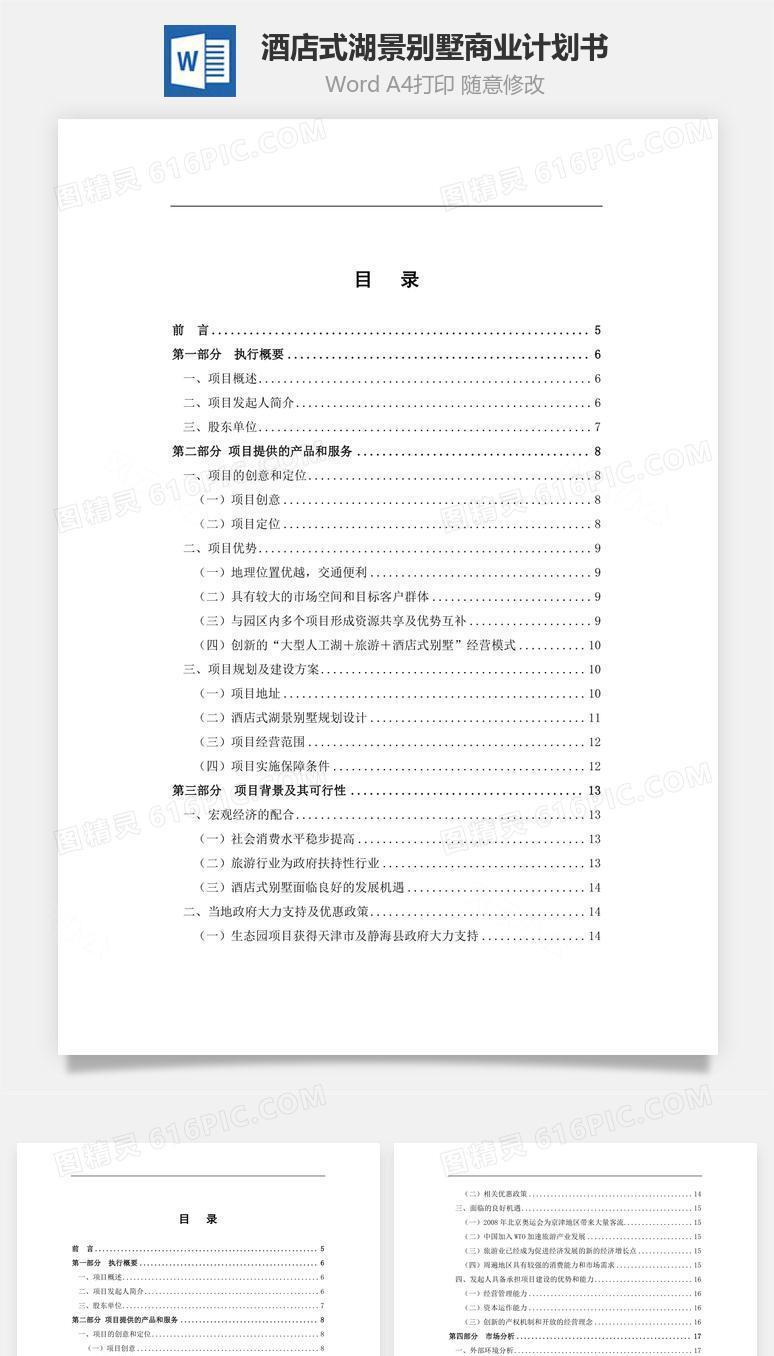 酒店式湖景别墅商业计划书word文档