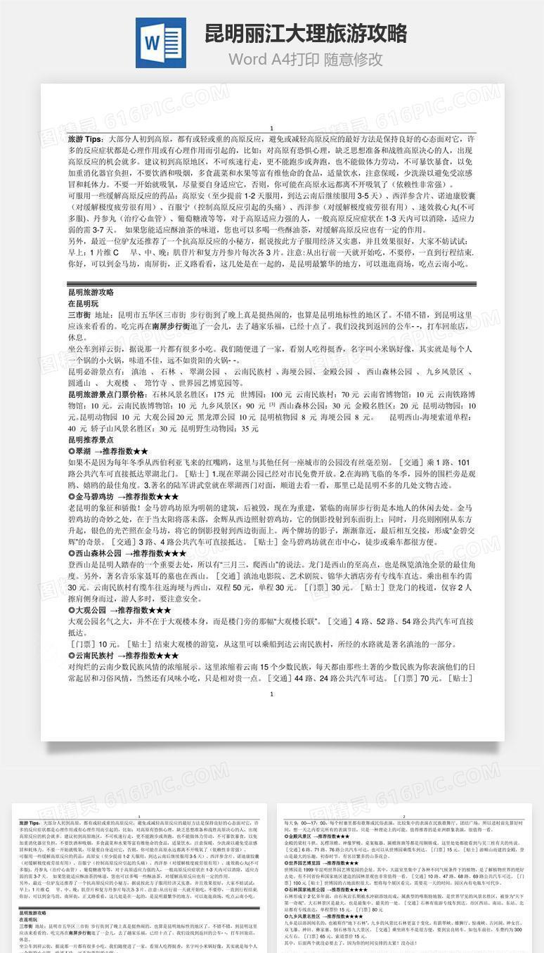 昆明丽江大理旅游攻略word文档