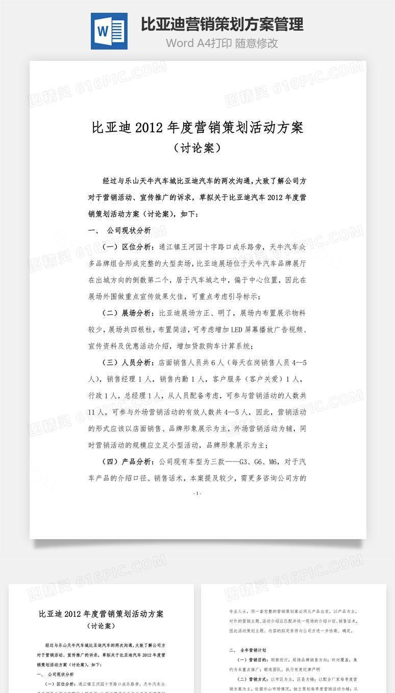比亚迪营销策划方案管理word文档