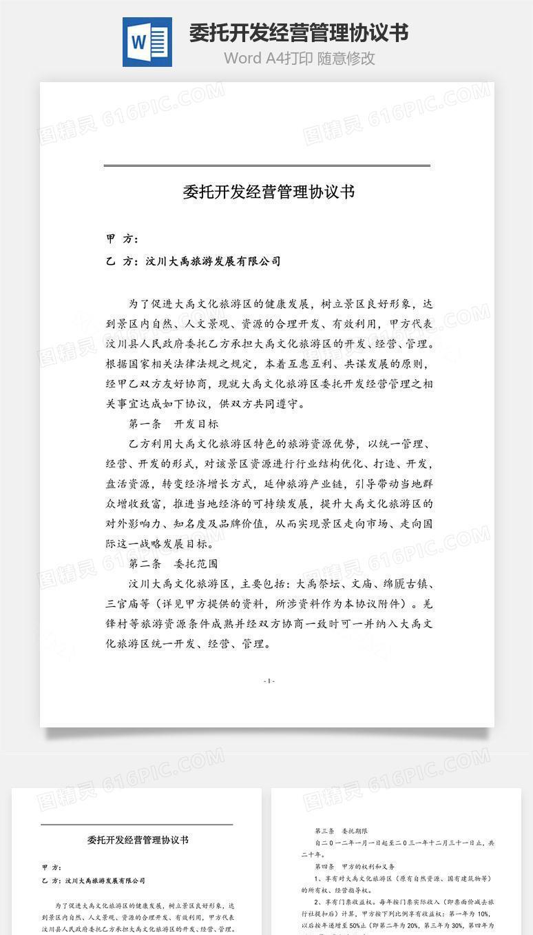 委托开发经营管理协议书word文档