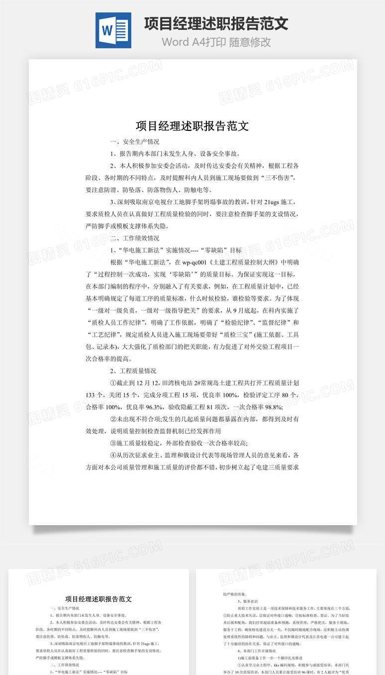 项目经理述职报告范文word文档