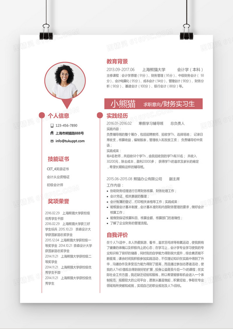 时尚棕红色风格会计求职简历word简历模板