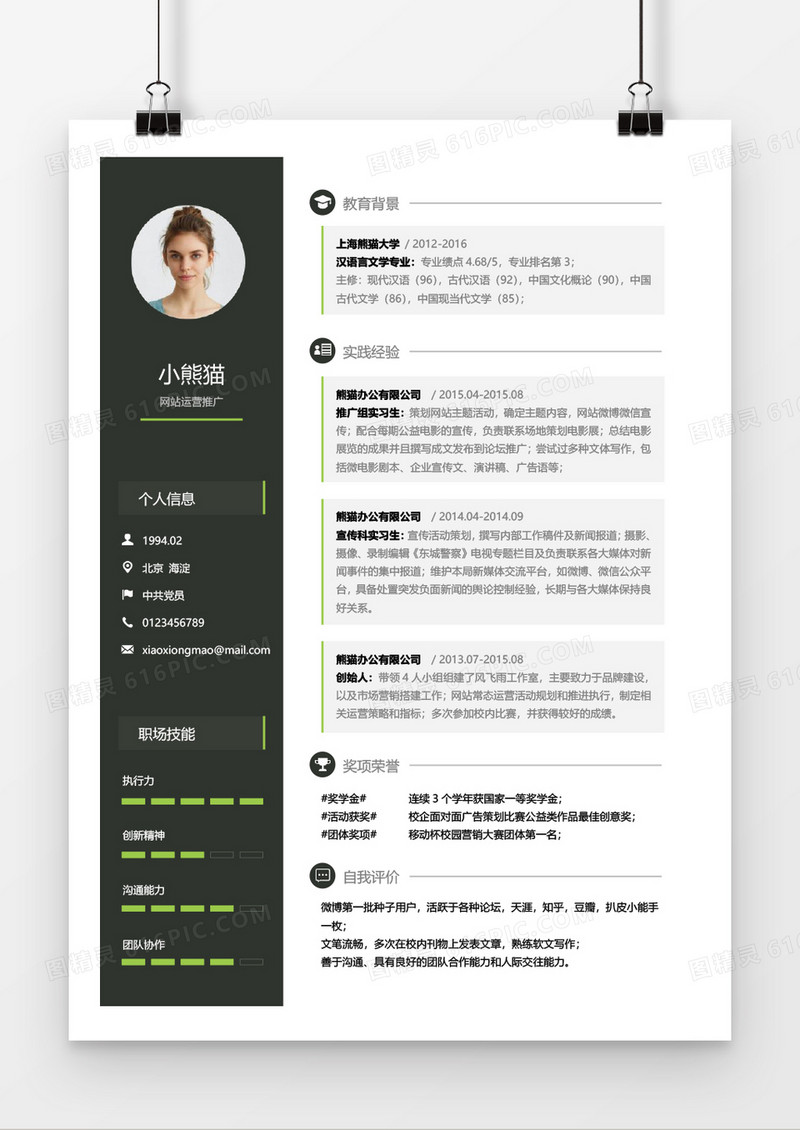 灰色网站运营个人求职简约简历word模板
