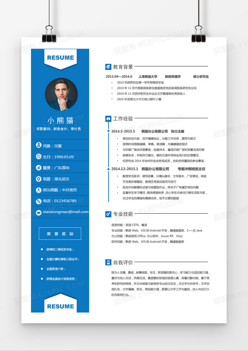 蓝色会计出纳简历word简历