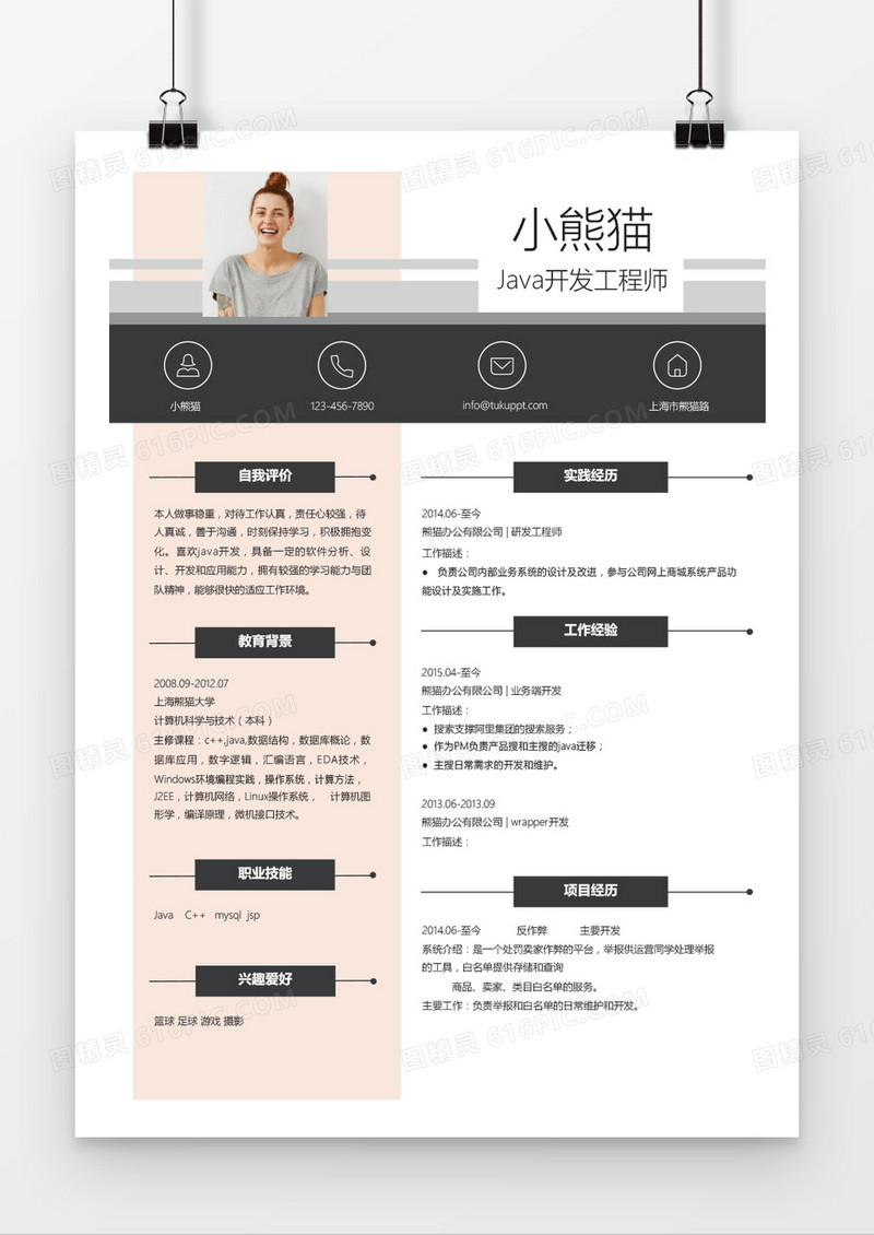 时尚粉色java工程师求职简历word简历模板