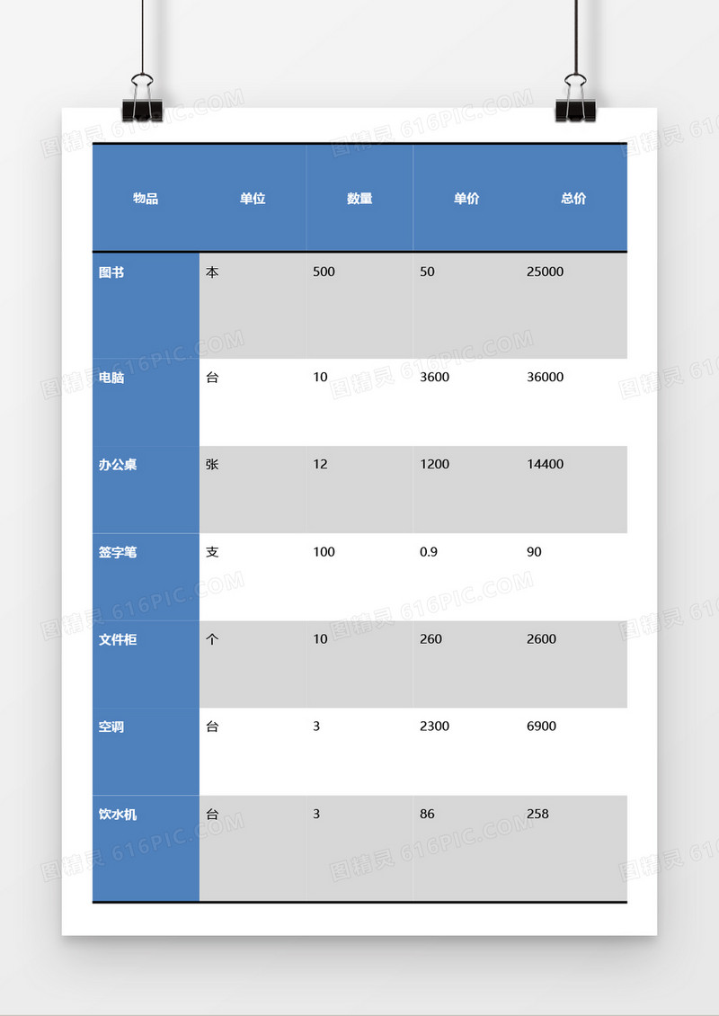 蓝色采购表word模板