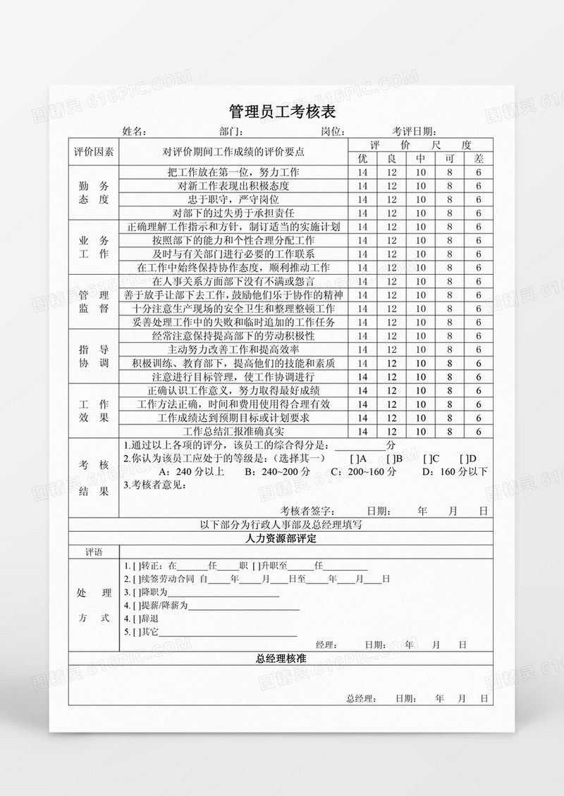 管理员工考核表Word模板