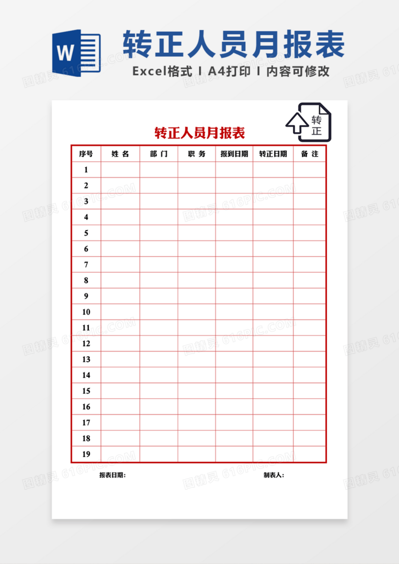 企业通用转正人员月报表