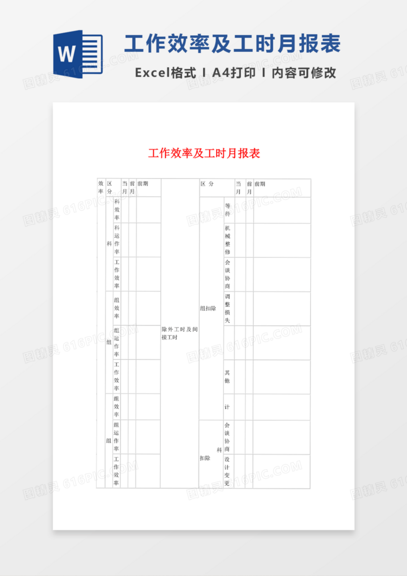 工作效率及工时月报表